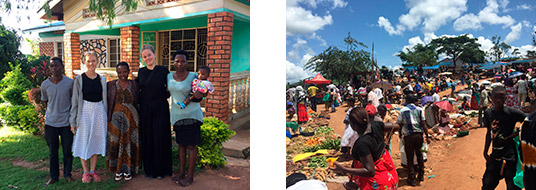Billede af Cecilie med sin værtsfamilie i Uganda, og det lokale miljø